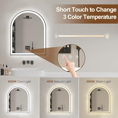 Image of Arched LED Mirror for Bathroom 24 inchx30 inch, Black Lighted Bathroom Mirror with Lights-Fogless, Dimmable, 3 Color Changing, Shatterproof, Touch Sensor