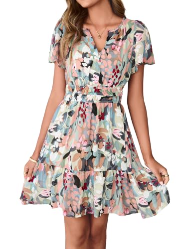 Simplee Women 2026 Floral Summer Short Dress Short Sleeves V