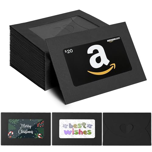 ABIDISO 50 Pack Window Gift Card Envelopes 4 x 2.8 Inch Mini Kraft Paper Envelopes Elegant Gift Card Holders with Heart Shaped Clasp for Holidays Party Business Gift Cards Invitation (Black)