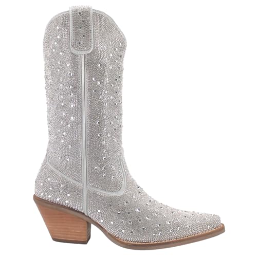 Dingo Womens Silver Dollar Rhinestone Round Toe Pull On Casual Boots Mid Calf Mid Heel 2-3