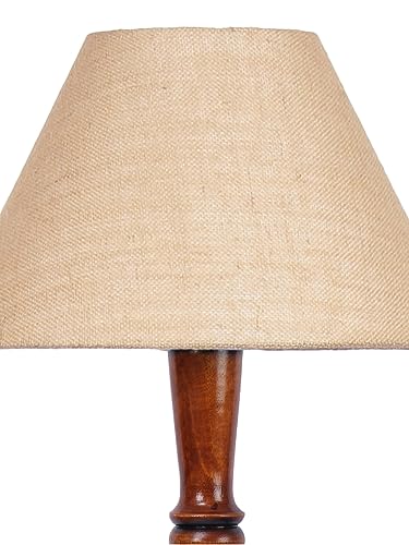 Image of Beige Jute Shade Wooden Floor Lamp with Wooden Base, Height - 53 Inches | Contemporary Standing Lamp for Living Room, Bedroom & Office | Elegant Lighting for Stylish Home Interiors