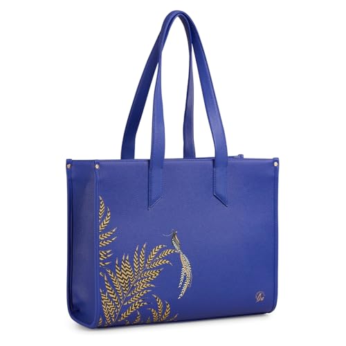 Image of Sara Miller London Box Tote, Women's Bag for Work, Travel, Laptop, Large Shoulder Handbag with Clasp Closure, Botanic Blue