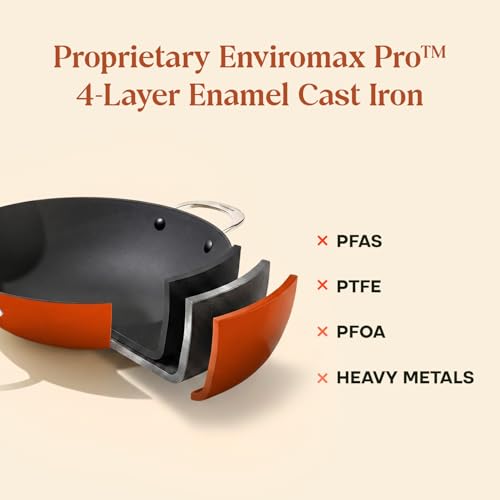 Image of CUMIN CO. Enamel Cast Iron Kadai LITE with Lid | 4L, 28 cm |5 Years Warranty | Non Toxic Heavy Bottom Kadhai for Frying | Induction & Gas Compatible | Chemical Free Coating | Color: Rust