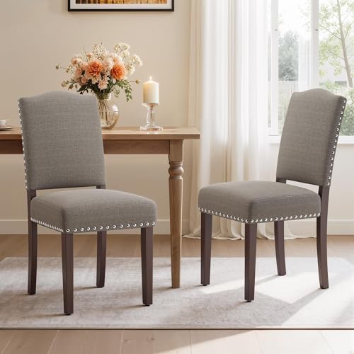 Image of Upholstered Dining Chairs Set of 2 with Thickened Seat Cushion, Wooden Mid-Century Modern Fabric Farmhouse Kitchen Chairs for Dining Room Living /Restaurant /Reading Room