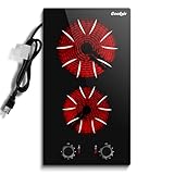 Cooksir 2 Burner Electric Cooktop - 12 Inch 2000W Electric Stove Built-in & Countertop, Two Burner Ceramic Cooktop with Knob Control, 9 Power Level, Over Heat Protection, 110-120V Plug in (Grey Konb)
