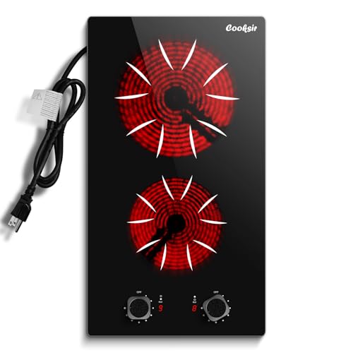Cooksir 2 Burner Electric Cooktop - 12 Inch 2000W Electric Stove Built-in & Countertop, Two Burner Ceramic Cooktop with Knob Control, 9 Power Level, Over Heat Protection, 110-120V Plug in (Grey Konb)