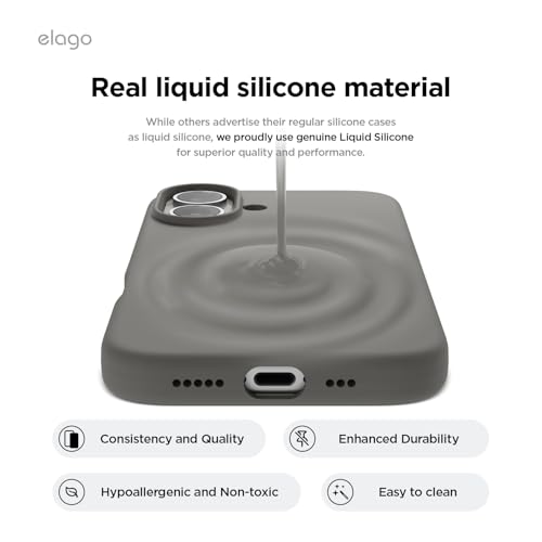 Image of elago Compatible with iPhone 16 Case, Premium Liquid Silicone Case, Full Body Protective Cover, Shockproof, Slim Phone Case, Anti-Scratch Soft Microfiber Lining, 6.1 inch (Medium Grey)
