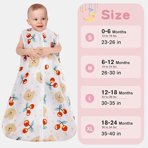 Image of BSTOPPT 2 Pack Baby Sleep Sack 12-18 Months 100% Organic Cotton Muslin Baby Sleeping Bag 2-Way Zipper Wearable Blankets (Flower & Cherry, Large), QYY24-HUA