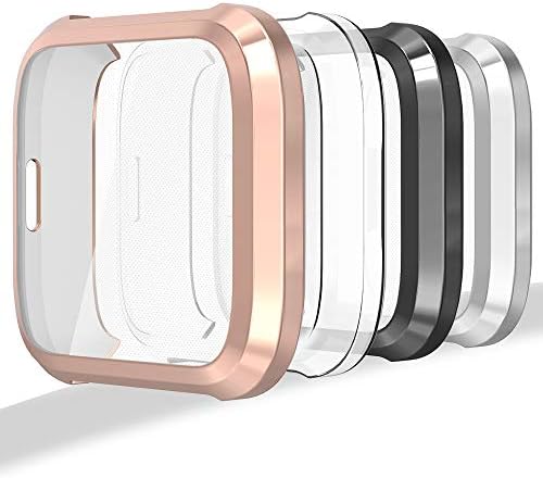 Hianjoo [4-Pack Screen Protector Case Compatible with Fit bit Versa Lite Edition, Ultra Slim Soft Full Cover Case (NOT Replacement for Fit bit Versa) - Clear, Black, Silver, Rose Gold