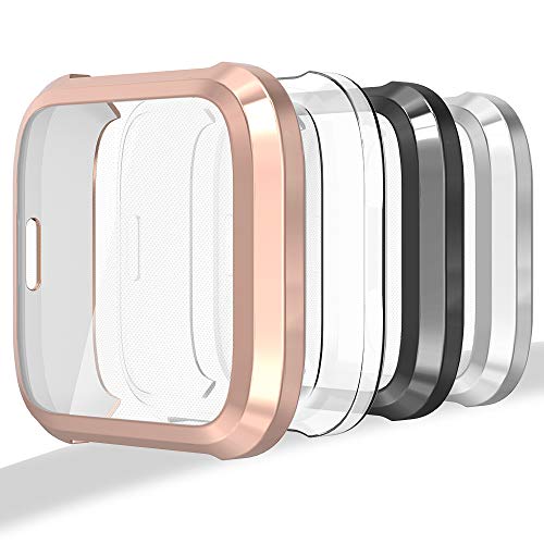 Hianjoo [4-Pack Screen Protector Case Compatible with Fit bit Versa Lite Edition, Ultra Slim Soft Full Cover Case (NOT Replacement for Fit bit Versa) - Clear, Black, Silver, Rose Gold