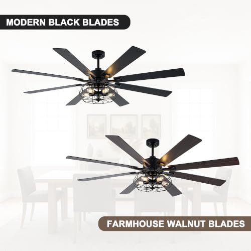 Image of 72 Inch Farmhouse Ceiling Fan with Lights Black Caged Rustic | Remote Control Fandelier Ceiling Fan, 5-Lights Large Chandelier for Living Room, 8 Dual Blades Reversible DC Motor 6 Speeds