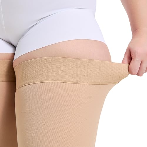 Image of Plus Size 4XL Thigh High Compression Stockings Footless- 15-20mmHg Moderate Full Leg Support Hoses with Unisex Reinforced Silicone Top Band, Breathable Fabric in Beige for Nurses & Extended Standing