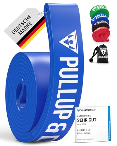 PULLUP & DIP Fitnessband Widerstandsband Medium (blau) mit Übungsguide – Klimmzugband Latex Band Krafttraining Muskelaufbau Bodyweight Training