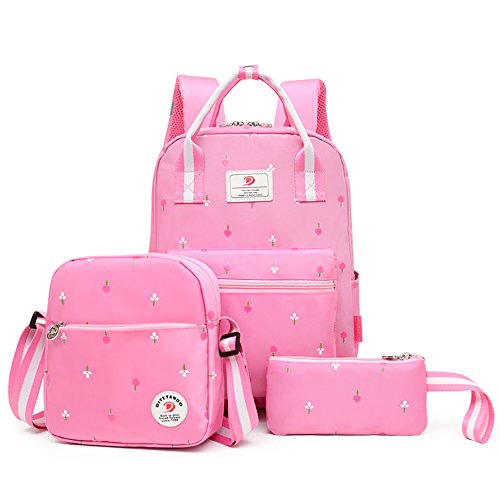 Bcony 3-en-1 Flor Ligera Mochilas Escolares niña, Manipular Mochila Escolar, Bandolera, Estuche para bolígrafos para niñas IR de Compras a la Escuela o Viajar,Rosado