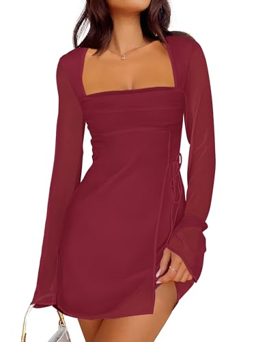 Caracilia Womens Sexy Mesh Ruched Mini Dresses Long Sleeve Square Neck Tie Fall Club Party Cocktail Short Dress 2025 Fashion Wine Red Medium