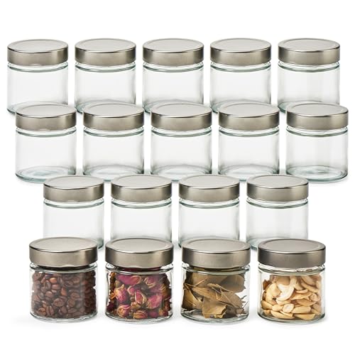 EZOWare Tarros de vidrio herméticos de 6 onzas con tapas plateadas cepilladas, juego de 18 recipientes de almacenamiento transparentes de cocina para yogur, gelatina, postre, miel, mermeladas, azúcar,