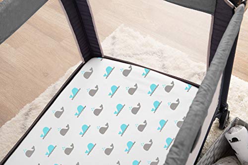 Image of American Baby Company 100% Natural Cotton Fitted Pack and Play Sheet 39 inch x 27 inch - Soft & Breathable Pack N Play Sheet for Playpen, Playard & Mini Crib Mattress, Aqua Whales, for Boys & Girls
