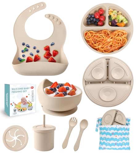 Image of ECLIP Silicone Baby Feeding Set,10 Pcs Baby Led Weaning Supplies Baby Eating Essentials Set with Suction Bowl Divided Plate Adjustable Bib Soft Spoon Fork Cup with Lid Drinking Cup, Travel Bag (Beige)