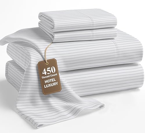LANE LINEN King Sheet Set – 450 Thread Count Long-Staple 100% Cotton King Size Sheet Set, Sustainably Oeko-Tex Certified, Soft Silky Sateen Finish, 15" Deep Pocket Fitted Sheet – Ticking Stripe