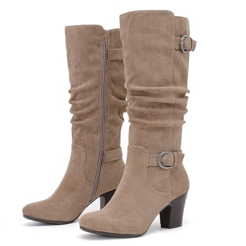 Ruiee Women's Slouchy Knee High Boots with Chunky Heel, Pointed Toe, Comfortable and Fashionable Fall Winter Boots for Women.230301 Brown MF Size7