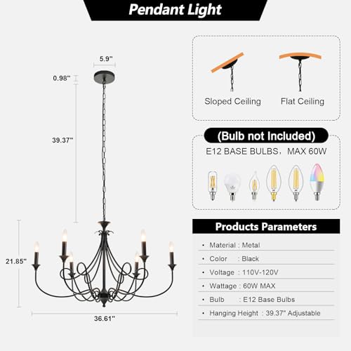 Afirstcght Modern 6-Lights Black Chandelier Large 36.6in Farmhouse Chandeliers Candle Dining Room Light Fixture for Living Room Kitchen Island Foyer Bedroom by Afirstcght - Image 3