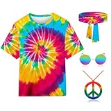 kooirsp Hippie Costume for Men Women 4PCS Mens 60s 70s Outfit Set Colorful Hippie Shirt Sunglasses Headband Peace Necklace (Swirl Tie Dye, Large)