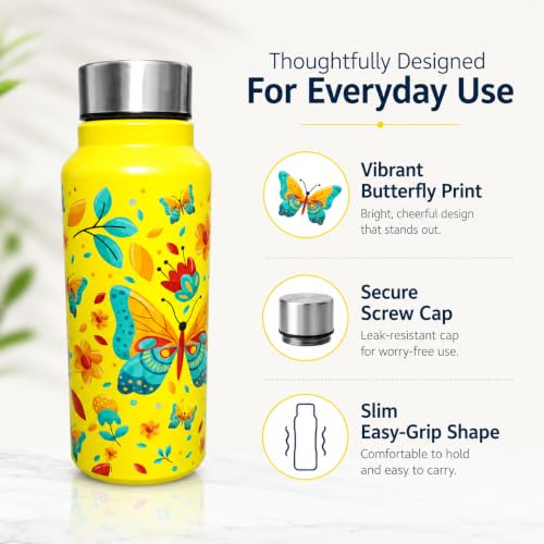 Image of Stainless Steel Water Bottle for School Office Travel | Printed Water Bottle | Drinking Bottle for Home Gym College | Stylish Bottle for Daily Use Picnic & Gifting (Yellow with Butterfly)