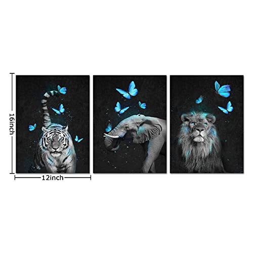 Conipit Black And White African Animal Wall Art Elephant Lion Tiger Pictures Animal With Teal Butterfly Painting Canvas (12"X16"X3 Panels) #TOP6