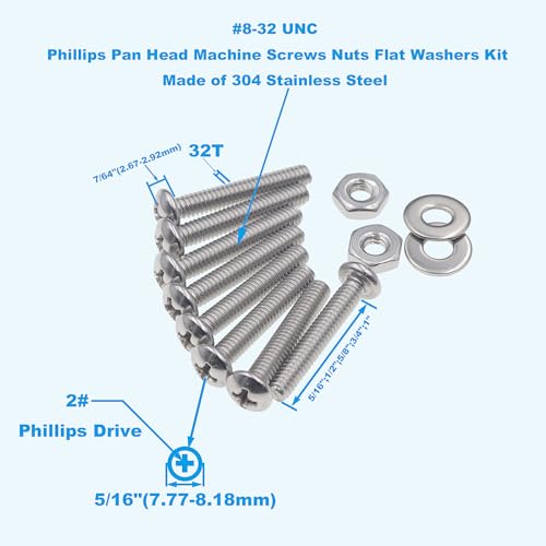 #8-32 UNC Stainless Steel Phillips Pan Head Machine Screws Nuts Flat Washers Assortment Kit