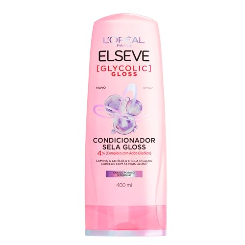 L'Oréal Paris Elseve Glycolic Gloss Condicionador Sela Gloss, Fórmula com pH Ácido e Ácido Glicólico, Combate a Porosidade, Sela as Cutículas e Alinha os Fios, 400ml