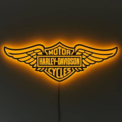 Wita Home Harley Motorcycles LED Wall Sign, Neon Effect Metal Logo with Wings, Vintage Garage & Man Cave Decor, Backlit Art Gift for Bikers & Collectors (Amber - 37 x 11 inches)