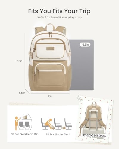 LOVEVOOK School Backpack for Teen Girls & College Students, Large Capacity Laptop Backpack with Water Bottle Holder, Lightweight Bookbag for School, Travel & Everyday Use, Beige-Khaki