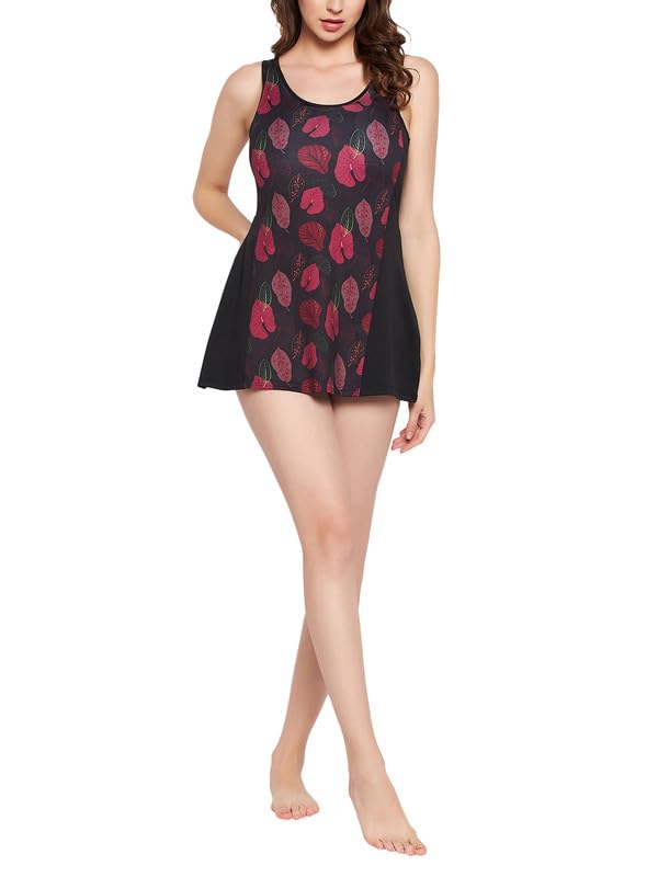 clovia Women's Leaf Print Swim Dress with Attached Shorts in Black in Black-picture-11