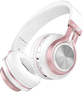 Bluetooth Headphones Over Ear, BASEMAN [Long Battery Life] Deep Bass Headphones Wireless and Wired with Microphone Headsets for Computer Kindle iPhone Teens Girls Women School Travel - White Rose Gold