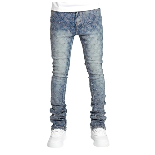 Genérico Pantalones Vaqueros Hombre Rectos con Zircón Y Elastano Acumulados En Tobillo Estilo Moderno Y Ajuste Jóvenes Y Adultos(Blue, L)