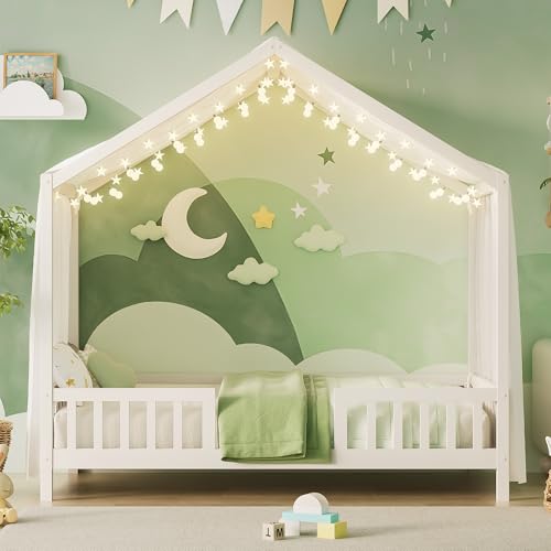 Image of Twin Size Wood House-Shape Platform Bed with Roof Frame and Canopy, Montessori Floor Bed with High Railings and Slat Support for Kids Girls Boys, No Box Spring Needed (White-05, Twin)
