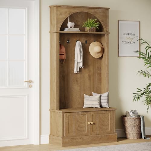 Image of Tribesigns Hall Tree with Bench and Shoe Storage, 4-in-1 Design Entryway Bench with Coat Rack, 70.86 inch Tall Mudroom Rack with 5 Double Hooks and Adjustable Shelf for Hallway (Brown)