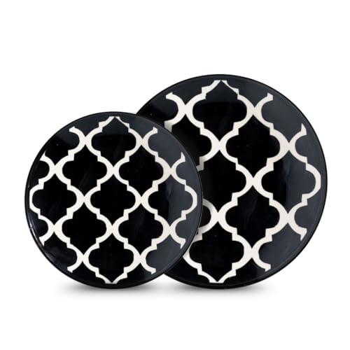Image of Quarter Serving Ceramic 7.28 & 8 Inch Plates, Moroccan Decorative Dinnerware Side Thali for Snacks, Dessert, Small Meals, Salad & Gifting (Charcoal Black, Set of 2)