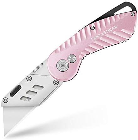 FantastiCAR Folding Utility Knife, Box Cutter Plume Type Metal Body, with Safety Lock and 5-Piece Extra Blades (Pink)