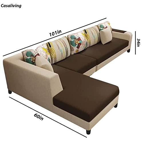 Image of Casaliving Arlo - 5 Seater Sofa for Living Room (Cream Brown Fabric) Left Side Sofa Set