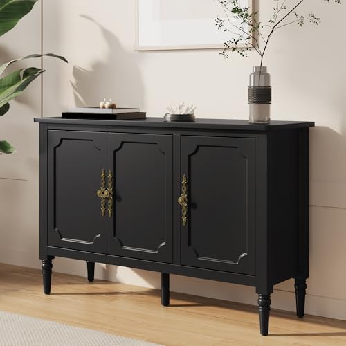 Image of FansaFurn 3-Door Buffet Cabinet with Adjustable Shelves, Accent Sideboard with Turned Legs, Wood Pantry Cabinet, Mid-Century Storage Cabinet for Entryway, Living Room, Dining Room, Black