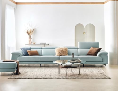 Fabrique Dream Leatherette 5 Seater Sofa Set with Puffy | Moveable Headrest | Luxury & Comfortable Furniture Perfect for Home Guests Office & Living Room | Stainless Steel Legs | Light Blue