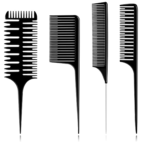 4 Pieces Hair Dyeing Combs Weaving Foiling Hair Comb 3-Way Hair Sectioning Comb Rat Tail Comb Sectioning Foiling Comb Steel Pintail Comb for Hair Coloring, Teasing, Black