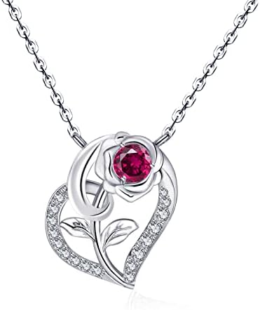 Qings Birthstone Necklace for Women 925 Sterling Silver Rose Flower Heart Pendant Necklaces with Cubic Zirconia Valentines Mothers Day Anniversary Birthstones Jewellery Gifts for Wife Girlfriend Her