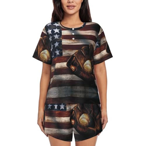 Pyjama court femme imprimé USA short doux col rond à poches