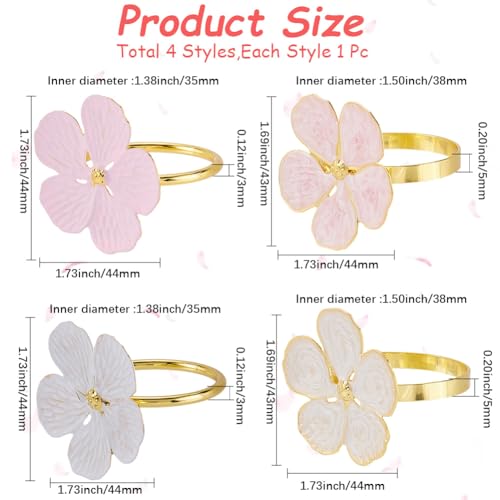 GORGECRAFT 4Pcs 4 Styles Flower Napkin Ring Pink White Metal Gold Alloy Enamel Spring Farmhouse Floral Table Decoration Napkins Rings for Easter Wedding Banquet Celebration Party Dinner