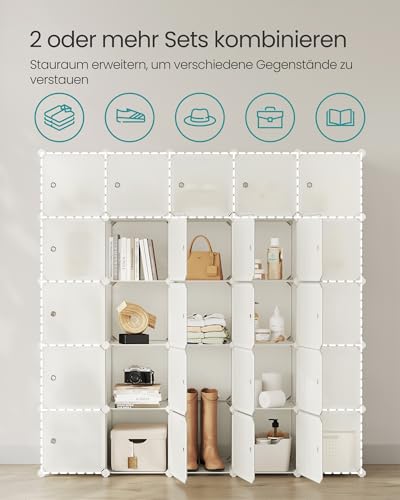 SONGMICS Regalsystem, Schuhregal, Set aus 16 Würfeln, Kleiderschrank aus Kunststoff, mit Türen, Steckregal, Aufbewahrung von Kleidung, Schuhen und Büchern, einfache Montage, cremeweiß LPC443W01