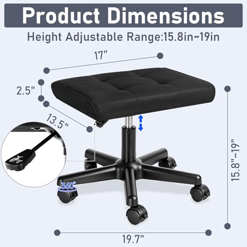 Image of Footrest Under Desk Leg Rest Ottoman Adjustable Height Foot Stool with Wheels Leather Footrest