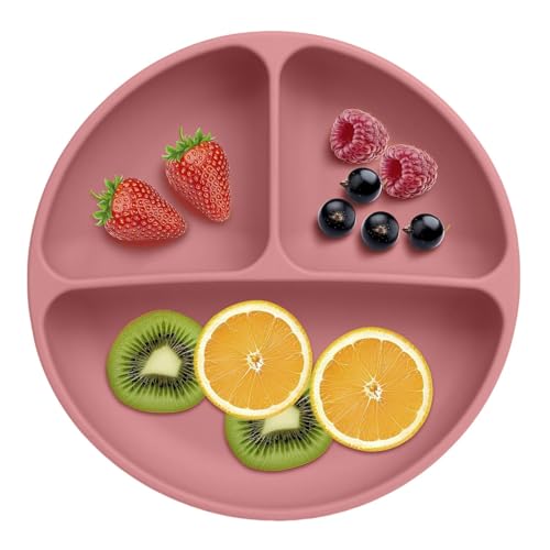 Image of Xacton Silicone Suction Plates for Baby Microwave,Dishwasher, Freezer Safe Unbreakable | 3 Divided Portion with 4 Suction Cup Feeding Plate for Baby & Toddlers (Pink)