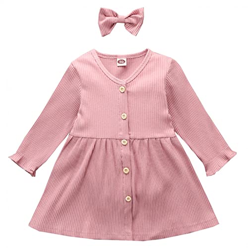 DAY8 Robe Bébé Fille Cérémonie Baptême Princesse Hiver Robe Fille Mariage Vintage Chic Automne Vêtements Fille 1-4 Ans Pas Cher Sweat Pull Robe Fille Manche Longue Solide (104(3-4 Ans), Rose) Cover